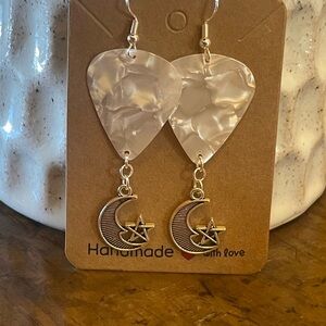 Handmade White Guitar Pic and  Star Moon Earrings